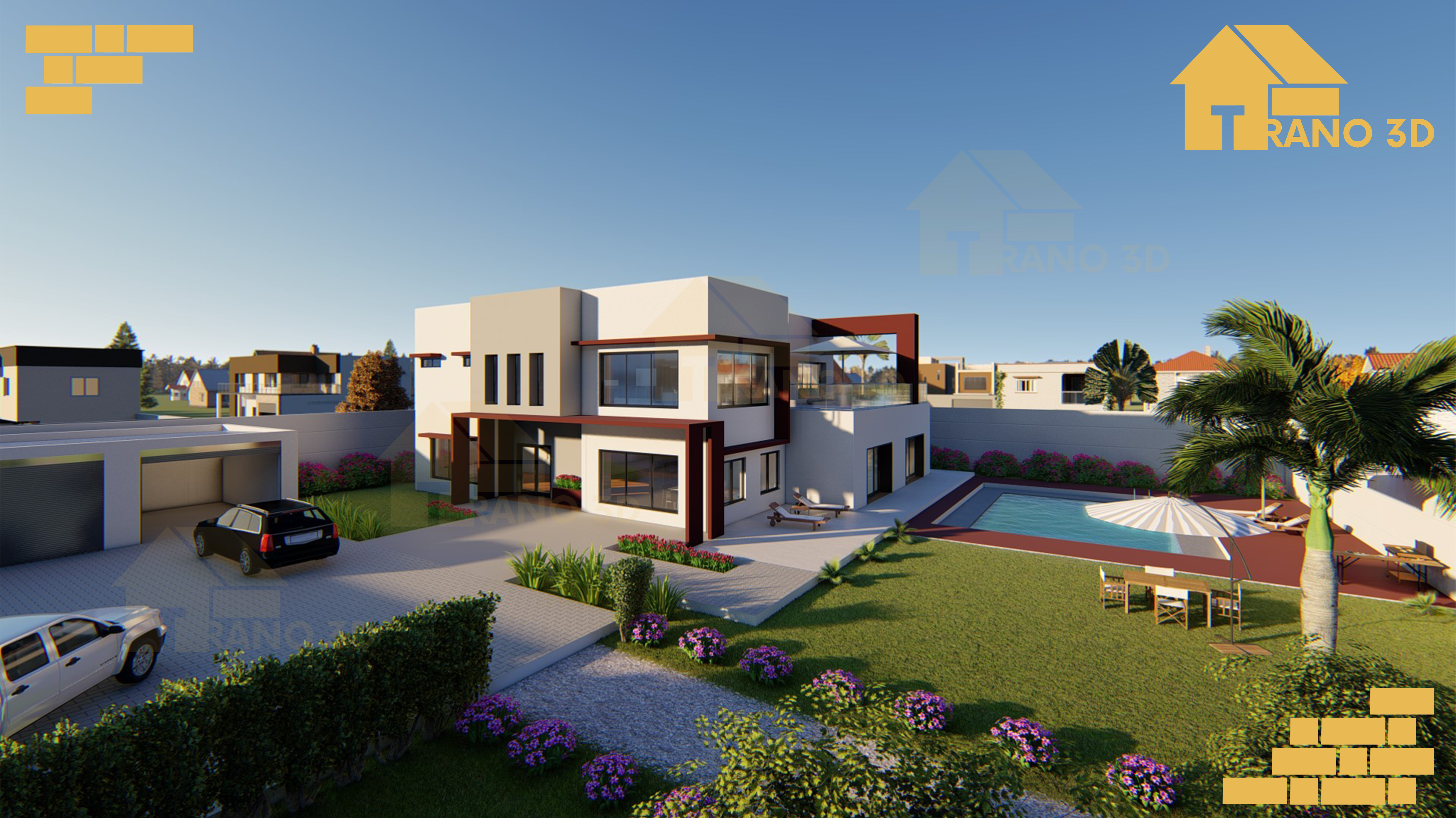 3D contemporary house Madagascar. Maquette 3D Madagascar. Construction maison madagascar. maison moderne madagascar. Contemporary house in Madagascar.